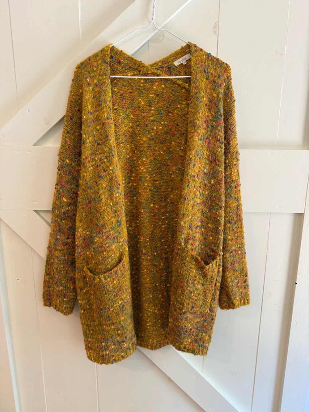 La Miel Confetti Popcorn Knit Cardigan S/M Mustard Open Front Cozy Boho Sweater‎